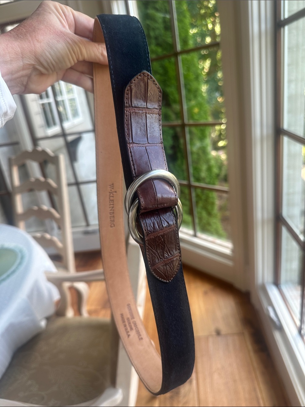 W. Kleinberg Navy Suede w Crocodile Double O-Ring Belt Sz 34, NWOT